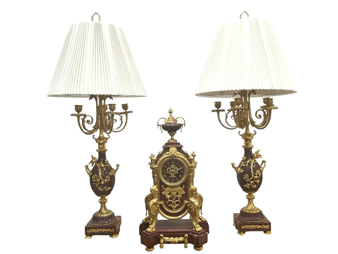 19th Century French Gilt Bronze & Marble Clock Garniture Set with Candelabra Lamps (1 of 13)
