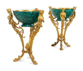 Pair of Empire Style Gilt Bronze and Malachite Figural Planters