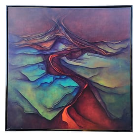 Abstract Expressionist Landscape Painting with Vivid Colors — Signed Illegibly