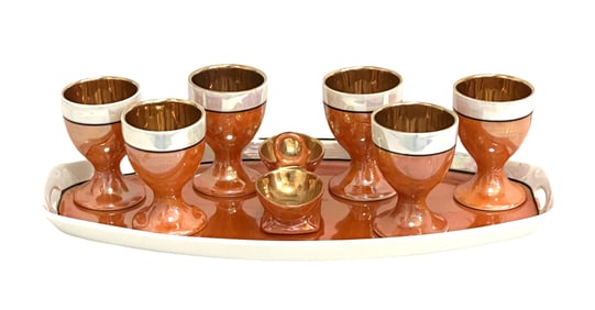 Mid-Century Soviet Russian Lusterware Porcelain Aperitif Set with Tray & Goblets, c.1950s