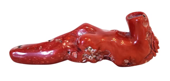 Antique Carved Red Coral Pipe with Floral Decoration, Mid-20th Century