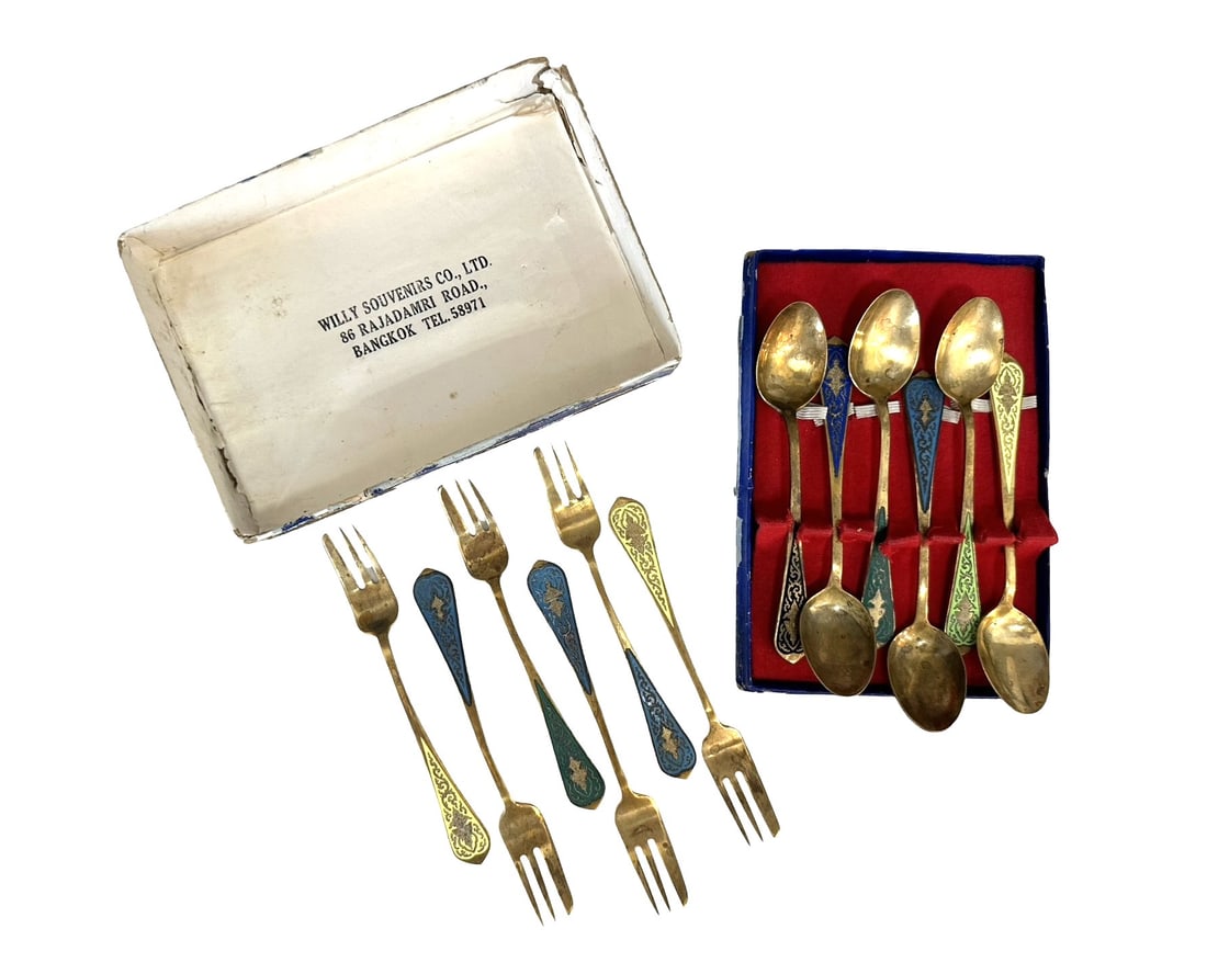 Vtg Demitasse Forks ans Spoons Brass Enamel Thailand Siam Set Of 12 Double Elephant Head