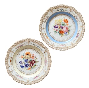 Pair of Antique KPM Berlin Porcelain Plates – Hand-Painted Floral Bouquets with Gilt & Pastel Rims