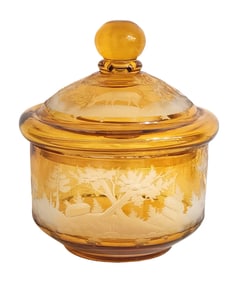 Bohemian Amber Cut-to-Clear Glass Jar with Stag & Forest Scene – Lidded Candy Dish