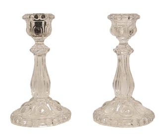 Pair of Signed Baccarat Crystal Candlesticks with Medallion Base