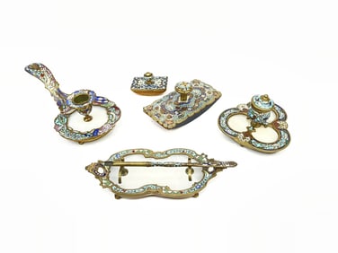 French Champlevé Enamel and Gilt Bronze Desk Set, 5 Pieces, 19th Century