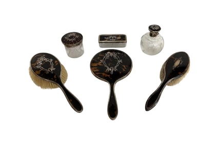 Antique English Silver and Faux Tortoiseshell Vanity Set – 6 Pieces