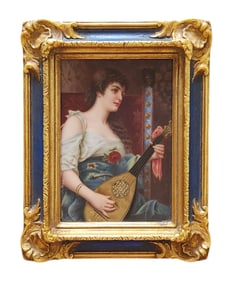 Antique German Hand-Painted Framed Porcelain Plaque after Conrad Kiesel (1846-1921).