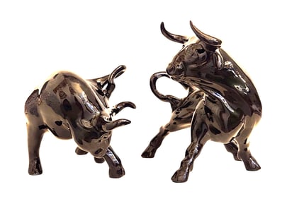 Two Mid Century Ceramic Glossy Fighting Bull Figurine From 1970s