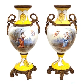 Pair of French Hand-Painted Sevres Porcelain Vases with Bronze Mounts, Signed “Theo