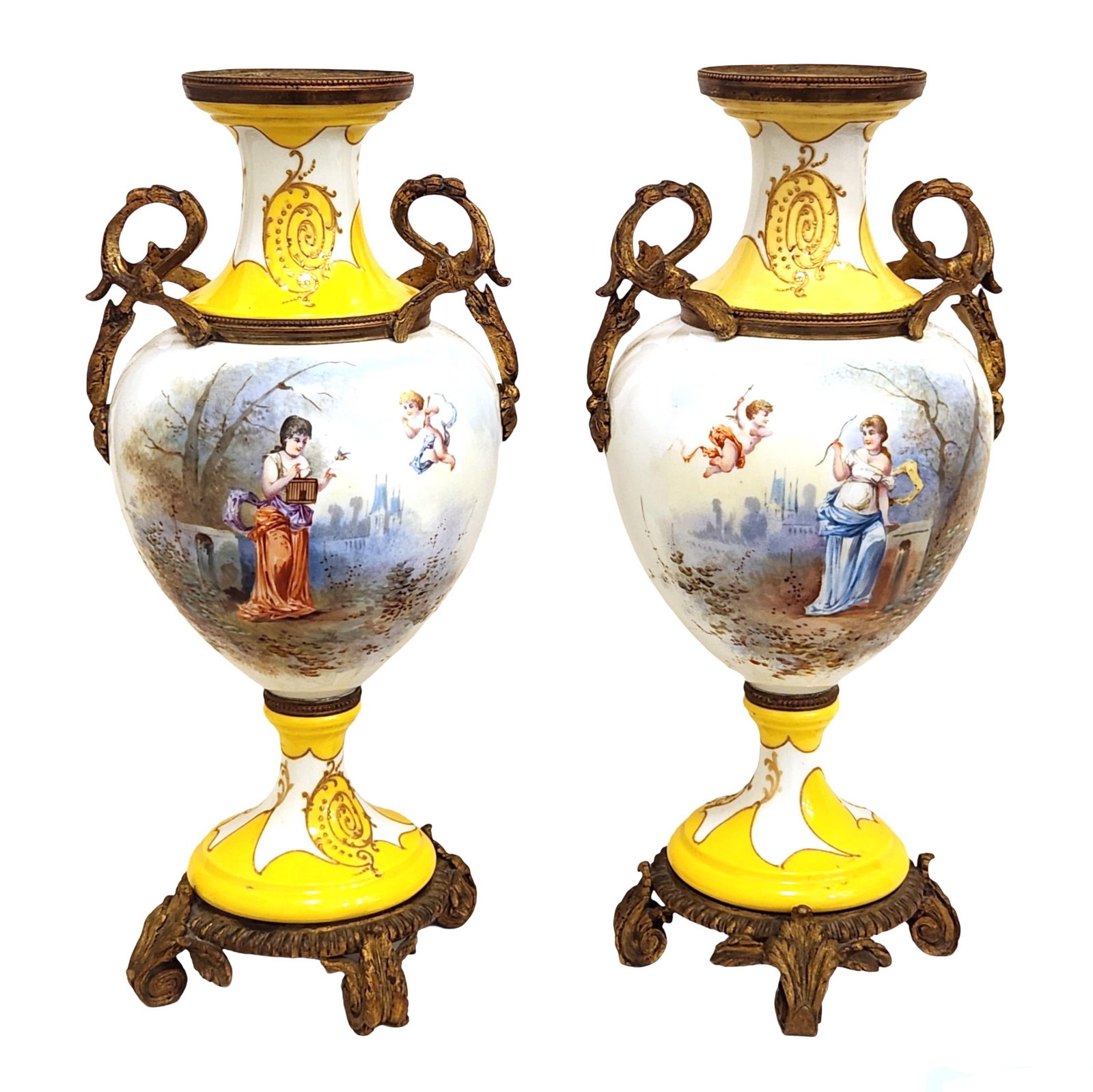 Pair of French Hand-Painted Sevres Porcelain Vases with Bronze Mounts, Signed “Theo (1 of 6)