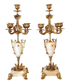Pair of French Empire Gilt Bronze and Alabaster Four-Light Candelabra