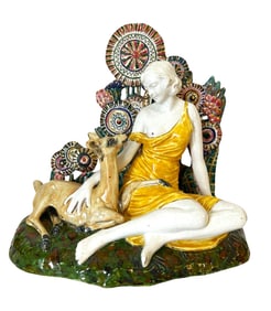 Art Deco-Style Polychrome Ceramic Group, Woman with Deer, Signed V. Lavelieri