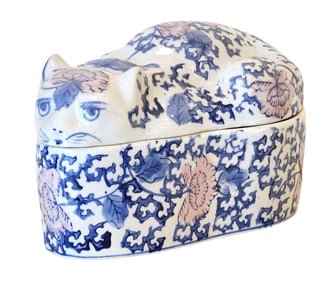 Vintage Chinese Porcelain Cat-Shaped Box with Blue and Pink Floral Design