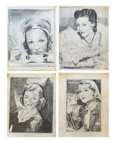 Set of Four Vintage Celebrity Portrait Drawings