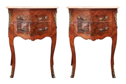 Pair of French Louis XV Style Inlaid Commodes w/ Marble Tops & Ormolu Mounts