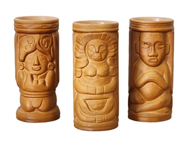 Set of 3 Guatemalan Hand-Carved Ceramic Tumblers by Mendez Ruiz