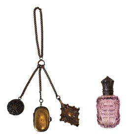 Victorian Chatelaine with Accessories and Amethyst Glass Scent Bottle