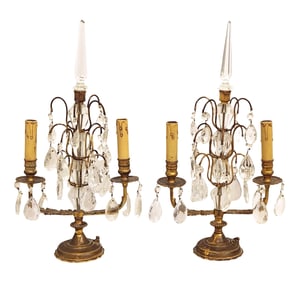 Pair of French Gilt Bronze and Crystal Prism Two-Light Candelabra