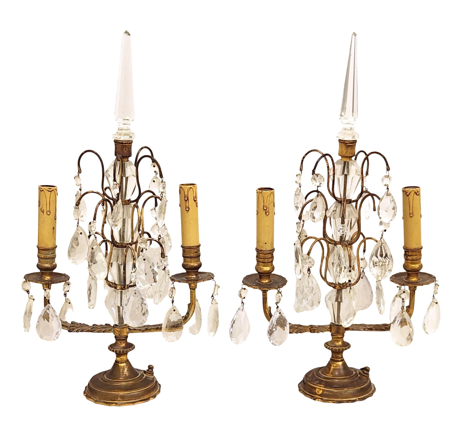 Pair of French Gilt Bronze and Crystal Prism Two-Light Candelabra (1 of 4)