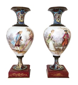 Antique Pair of French Sevres Style Porcelain and Champleve Urns