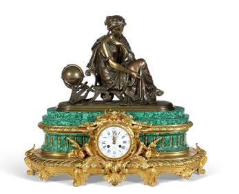 Napoleon III Ormolu Patinated - Bronze and Malachite Mantel Clock