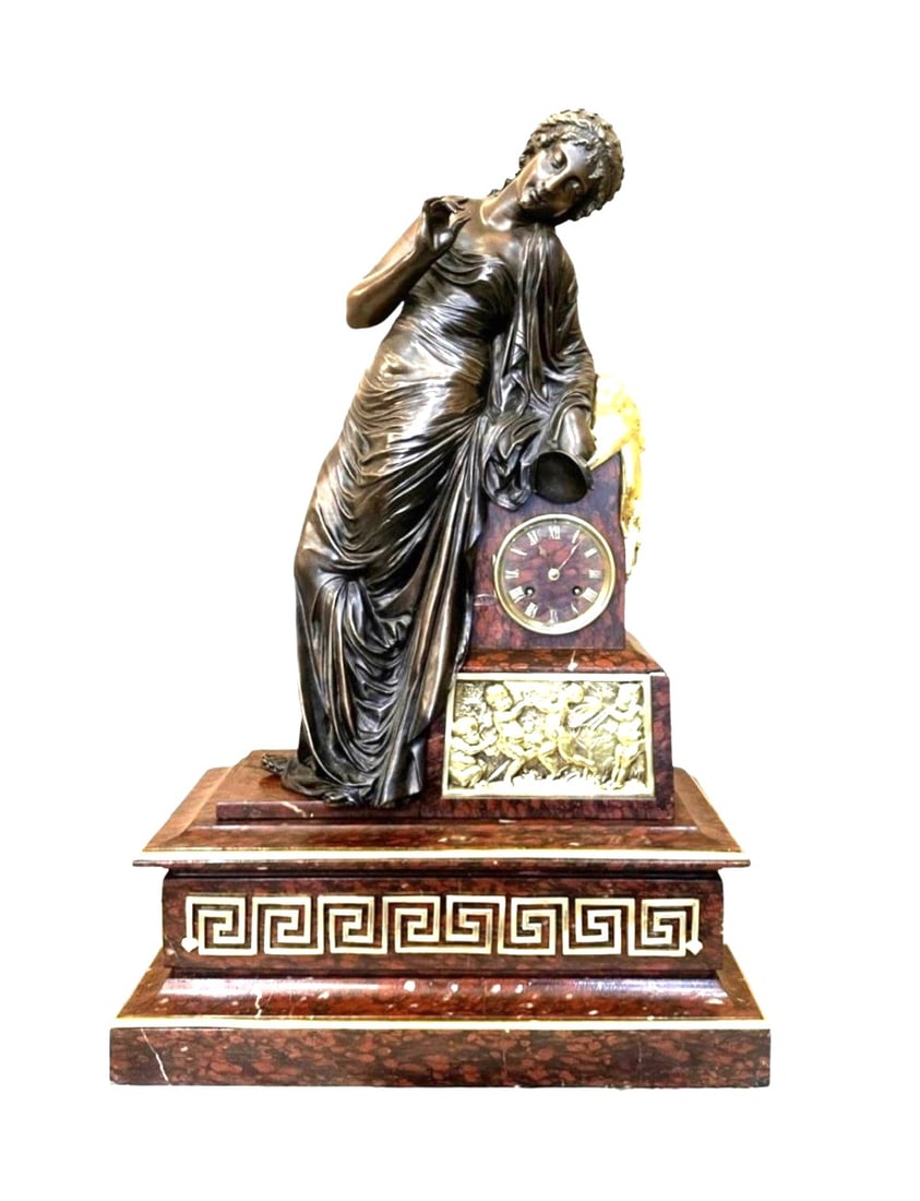 19th Century French Bronze Figural Mantel Clock with Rouge Marble Base (1 of 11)