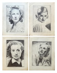 Set of Four Vintage Graphite Portrait Drawings