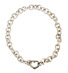 Tiffany Marked Sterling Silver Heart-Link Chain Necklace with Heart Clasp and Tiffany Pouch