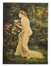 19th C. Oil Painting – Nude Lady Among Roses in Garden Setting