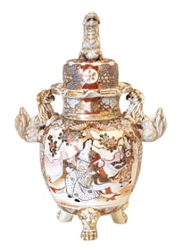 Japanese Satsuma Covered Incense Burner with Foo Dog Finial, Meiji Period