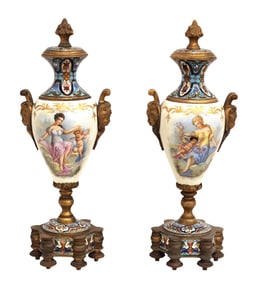 Pair of Sevres Hand-Painted Porcelain and Enamel Urns with Gilt Bronze Mounts