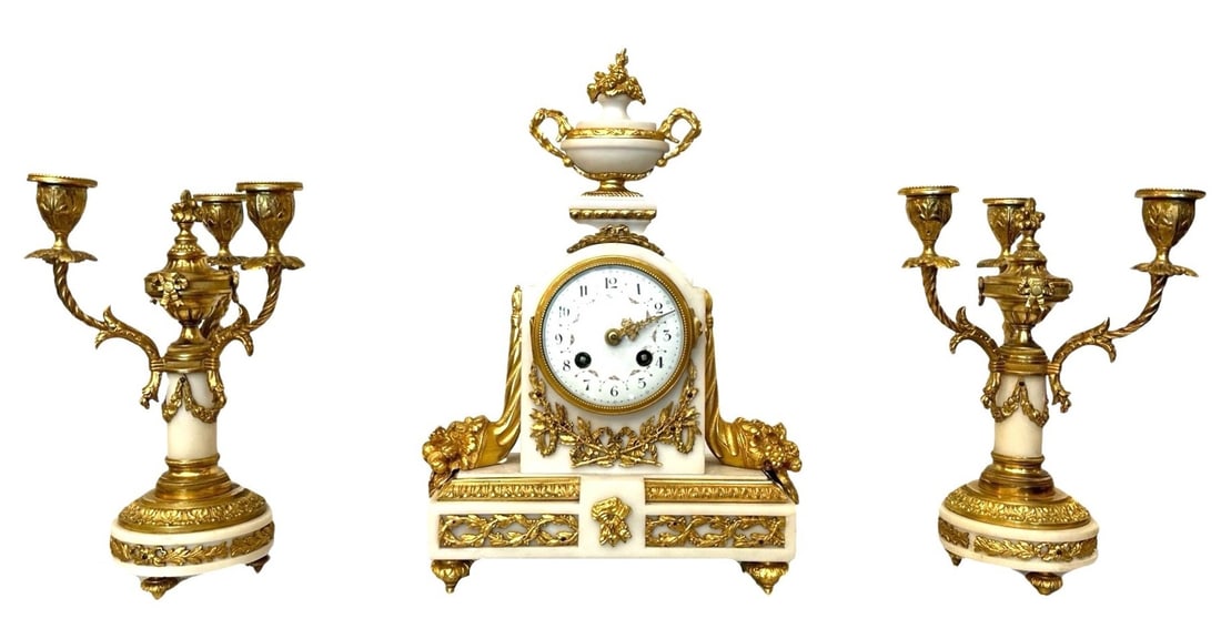 Antique French 19th Century Gilt Bronze Mantle Clock Set (1 of 16)