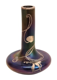 Art Nouveau Iridescent Glass Vase with Silver Overlay Floral Decoration