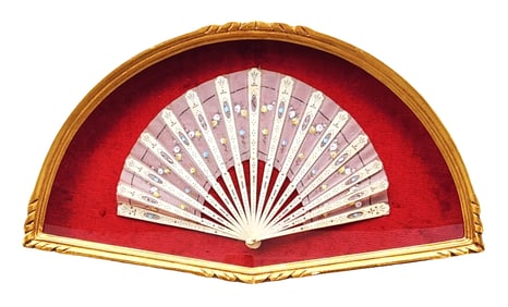 Antique Hand-Painted Decorative Fan in Shadow Box Frame