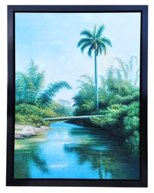 Cuban Tropical Landscape with Royal Palm and River, Unsigned Painting