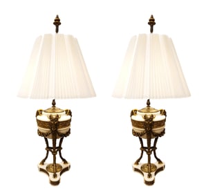 Pair of French Neoclassical Style Marble and Gilt Bronze Table Lamps with Ram’s Head Motifs
