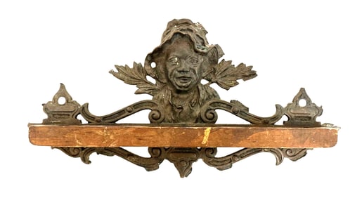 Antique Cast Iron and Wood Wall Shelf with Figural Relief, Late 19th / Early 20th Century