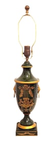 Neoclassical Green and Gilt Porcelain Urn Lamp with Lion Mask Handles