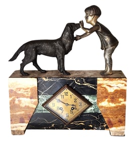 French Art Deco Marble Mantel Clock with Bronze Sculpture of Child and Dog – Qualite Superieure,