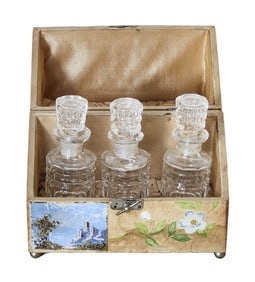 Antique French Cut Crystal Perfume Bottles in Hand-Painted Box – Set of Three