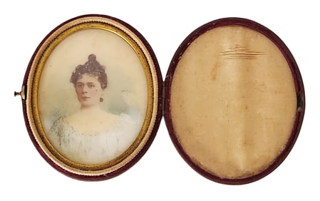 Antique 19th C. Hand-Painted Miniature Portrait of a Lady in Original Leather Case