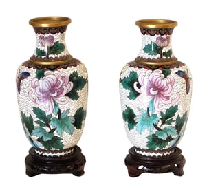 Pair of Chinese Cloisonne Vases with Floral and Butterfly Motifs, 20th Century