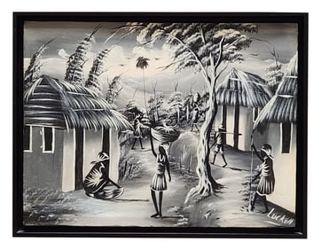 Monochrome African Village Life Painting by Lucken