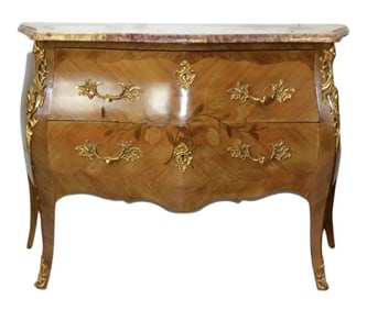 French Kingwood Louis XV Style Marble Top and Gilt Bronze Ormolu Marquetry Commode