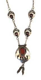 Vintage Sterling Silver Bear Paw Necklace with Red Stones & Feather Drops
