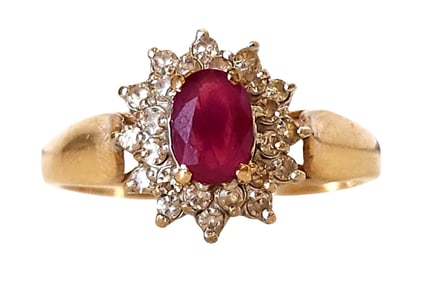 14K Gold Ruby & Diamond Cluster Ring – Oval Ruby Surrounded by Diamond Halo