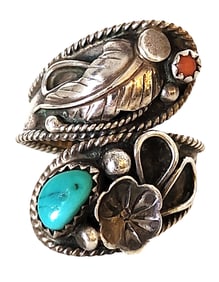 Handmade Sterling Silver Navajo-Style Ring with Turquoise, Coral & Leaf Motif – Signed “G