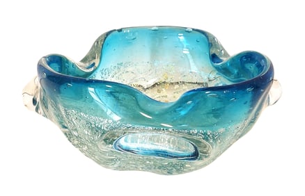 Murano Style Aqua Art Glass Bowl with Controlled Bubbles & Gold Fleck