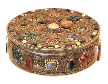Tibetan Gilt Metal Filigree Jeweled Box with Semi-Precious Stones